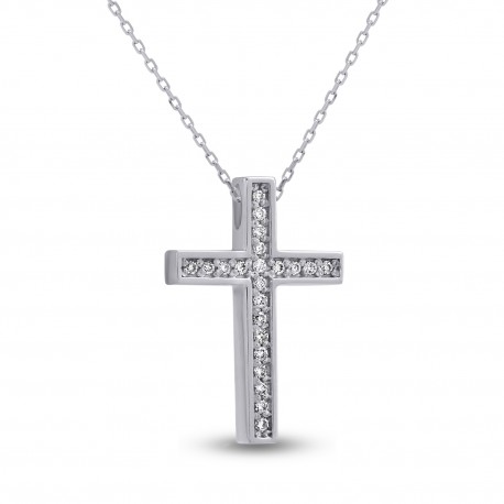 Σταυρός Με Αλυσίδα Λευκόχρυσος, 18 Καράτια, Λευκά Μπριγιάν oro2817 