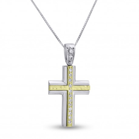 Σταυρός Δίχρωμος Λευκόχρυσο-Χρυσό 14 Καράτια Με Αλυσίδα oro2790 