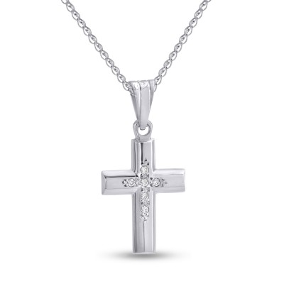 Σταυρός Με Αλυσίδα Λευκόχρυσος, 14 Καράτια, Λευκά Ζιργκόν oro2816 Σταυρός Με Αλυσίδα Λευκόχρυσος, 14 Καράτια, Λευκά Ζιργκόν oro2816