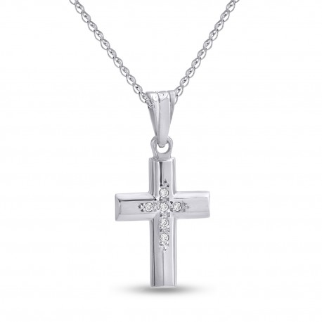 Σταυρός Με Αλυσίδα Λευκόχρυσος, 14 Καράτια, Λευκά Ζιργκόν oro2816 