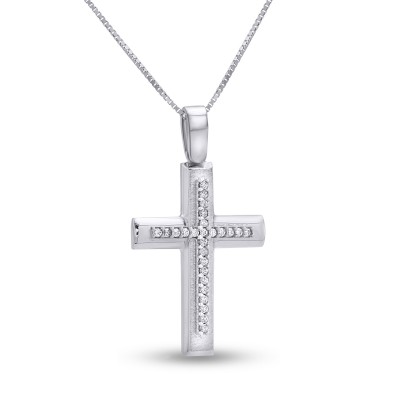 Σταυρός Με Αλυσίδα Λευκόχρυσος, 14 Καράτια, Λευκά Ζιργκόν oro2820