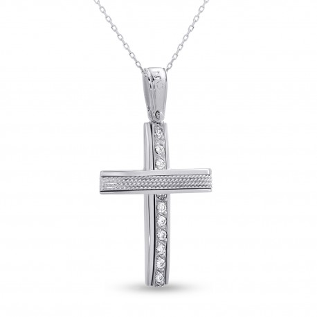 Σταυρός Με Αλυσίδα Λευκόχρυσος, 14 Καράτια, Λευκά Ζιργκόν oro2798 