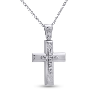 Σταυρός Με Αλυσίδα Λευκόχρυσος, 14 Καράτια, Λευκά Ζιργκόν oro2810 Σταυρός Με Αλυσίδα Λευκόχρυσος, 14 Καράτια, Λευκά Ζιργκόν oro2810
