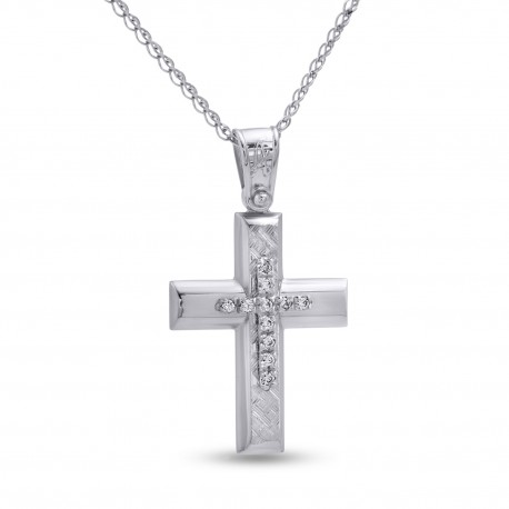 Σταυρός Με Αλυσίδα Λευκόχρυσος, 14 Καράτια, Λευκά Ζιργκόν oro2810 