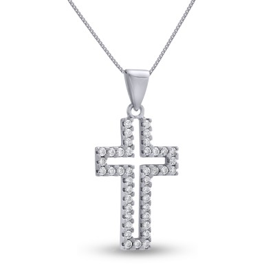 Σταυρός Με Αλυσίδα Λευκόχρυσος, 14 Καράτια, Λευκά Ζιργκόν oro2818 Σταυρός Με Αλυσίδα Λευκόχρυσος, 14 Καράτια, Λευκά Ζιργκόν oro2818