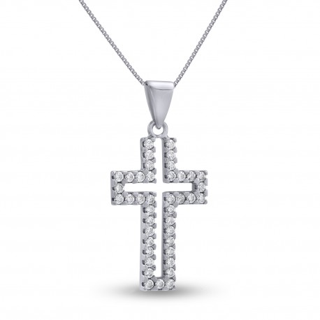 Σταυρός Με Αλυσίδα Λευκόχρυσος, 14 Καράτια, Λευκά Ζιργκόν oro2818 