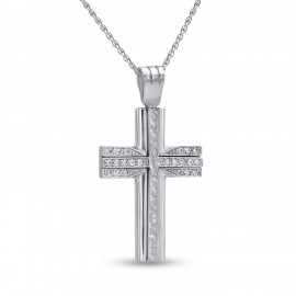 Σταυρός Με Αλυσίδα Λευκόχρυσος, 14 Καράτια, Λευκά Ζιργκόν oro2821