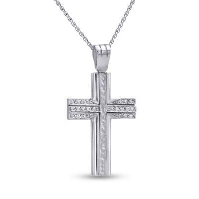 Σταυρός Με Αλυσίδα Λευκόχρυσος, 14 Καράτια, Λευκά Ζιργκόν oro2821 Σταυρός Με Αλυσίδα Λευκόχρυσος, 14 Καράτια, Λευκά Ζιργκόν oro2821
