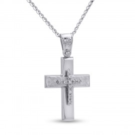 Σταυρός Με Αλυσίδα Λευκόχρυσος, 14 Καράτια, Λευκά Ζιργκόν oro2809