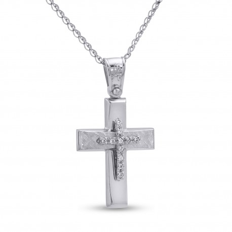 Σταυρός Με Αλυσίδα Λευκόχρυσος, 14 Καράτια, Λευκά Ζιργκόν oro2809 