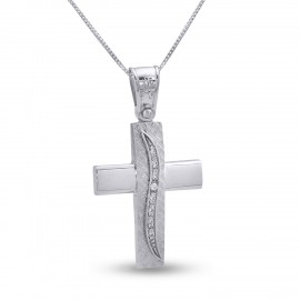 Σταυρός Με Αλυσίδα Λευκόχρυσος, 14 Καράτια, Λευκά Ζιργκόν oro2799
