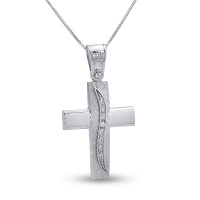 Σταυρός Με Αλυσίδα Λευκόχρυσος, 14 Καράτια, Λευκά Ζιργκόν oro2799