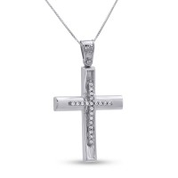 Σταυρός Με Αλυσίδα Λευκόχρυσος, 14 Καράτια, Λευκά Ζιργκόν oro2823