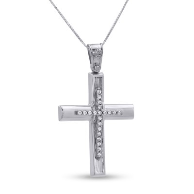 Σταυρός Με Αλυσίδα Λευκόχρυσος, 14 Καράτια, Λευκά Ζιργκόν oro2823