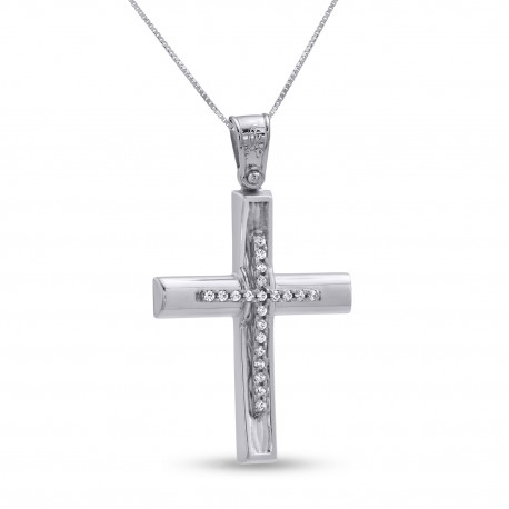 Σταυρός Με Αλυσίδα Λευκόχρυσος, 14 Καράτια, Λευκά Ζιργκόν oro2822 