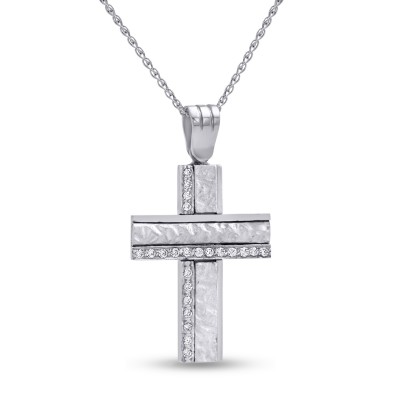 Σταυρός Με Αλυσίδα Λευκόχρυσος, 14 Καράτια, Λευκά Ζιργκόν oro2800 Σταυρός Με Αλυσίδα Λευκόχρυσος, 14 Καράτια, Λευκά Ζιργκόν oro2800