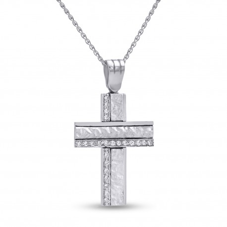 Σταυρός Με Αλυσίδα Λευκόχρυσος, 14 Καράτια, Λευκά Ζιργκόν oro2800 