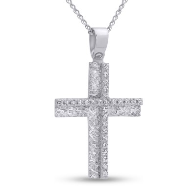 Σταυρός Με Αλυσίδα Λευκόχρυσος, 14 Καράτια, Λευκά Ζιργκόν oro2801