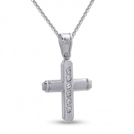 Σταυρός Με Αλυσίδα Λευκόχρυσος, 14 Καράτια, Λευκά Ζιργκόν oro2802
