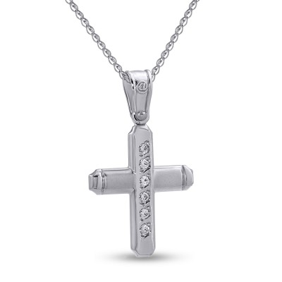 Σταυρός Με Αλυσίδα Λευκόχρυσος, 14 Καράτια, Λευκά Ζιργκόν oro2802