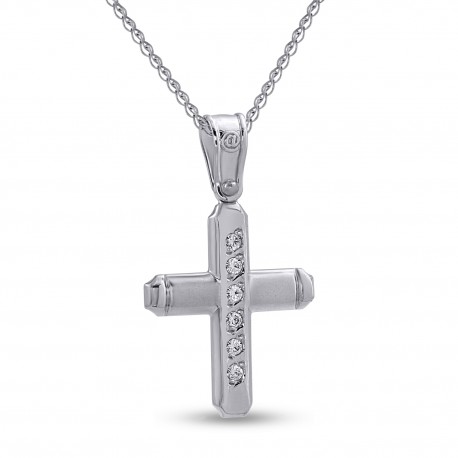 Σταυρός Με Αλυσίδα Λευκόχρυσος, 14 Καράτια, Λευκά Ζιργκόν oro2802 