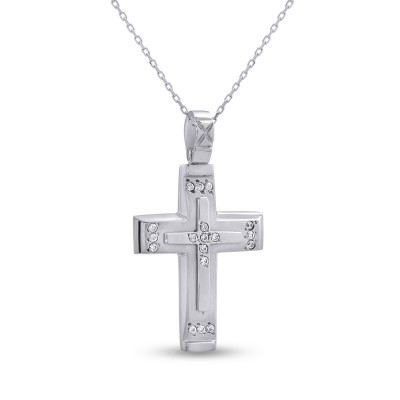 Σταυρός Με Αλυσίδα Λευκόχρυσος, 9 Καράτια, Λευκά Ζιργκόν oro2826