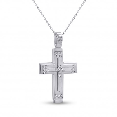 Σταυρός Με Αλυσίδα Λευκόχρυσος, 9 Καράτια, Λευκά Ζιργκόν oro2826 