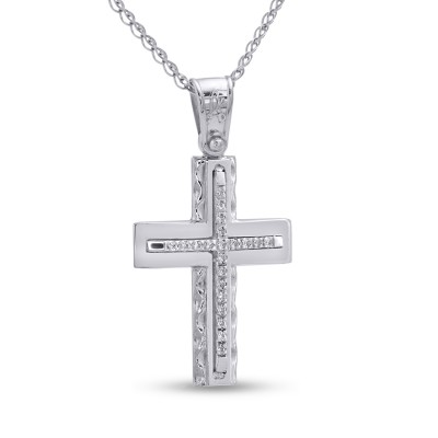 Σταυρός Με Αλυσίδα Λευκόχρυσος, 14 Καράτια, Λευκά Ζιργκόν oro2803