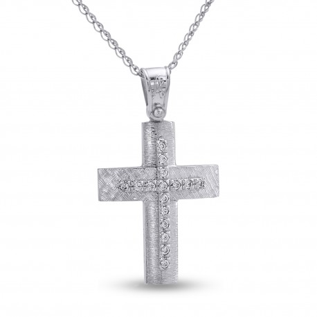 Σταυρός Με Αλυσίδα Λευκόχρυσος, 14 Καράτια, Λευκά Ζιργκόν oro2813 
