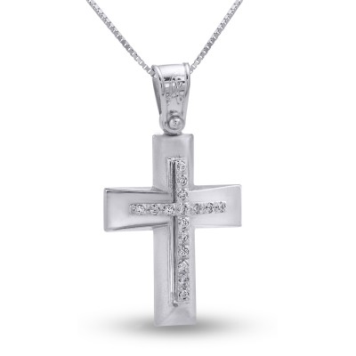 Σταυρός Με Αλυσίδα Λευκόχρυσος, 14 Καράτια, Λευκά Ζιργκόν oro2814