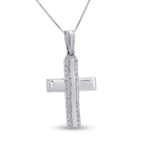 Σταυρός Διπλής όψεως Με Αλυσίδα Λευκόχρυσος, 14 Καράτια, Λευκά Ζιργκόν oro2804