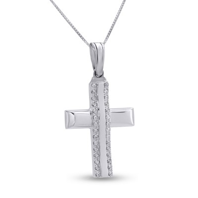 Σταυρός Διπλής όψεως Με Αλυσίδα Λευκόχρυσος, 14 Καράτια, Λευκά Ζιργκόν oro2804