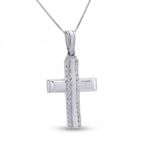 Σταυρός Διπλής όψεως Με Αλυσίδα Λευκόχρυσος, 14 Καράτια, Λευκά Ζιργκόν oro2804 
