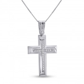 Σταυρός Με Αλυσίδα Λευκόχρυσος, 14 Καράτια, Λευκά Ζιργκόν oro2825