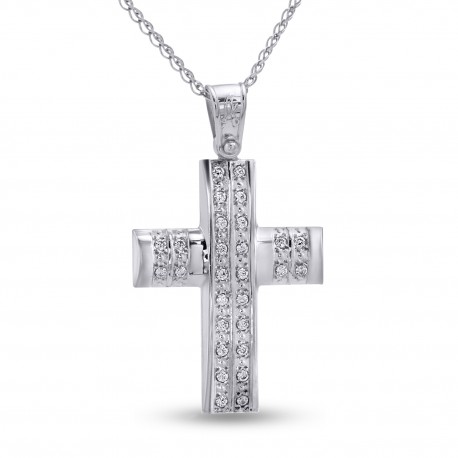 Σταυρός Με Αλυσίδα Λευκόχρυσος, 14 Καράτια, Λευκά Ζιργκόν oro2811 