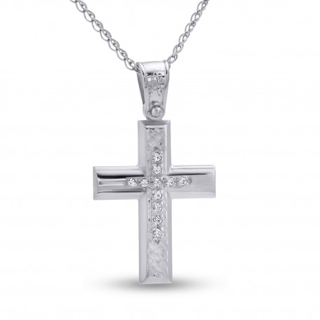 Σταυρός Με Αλυσίδα Λευκόχρυσος, 14 Καράτια, Λευκά Ζιργκόν oro2810 