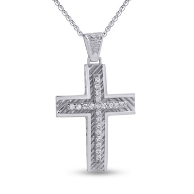 Σταυρός Με Αλυσίδα Λευκόχρυσος, 14 Καράτια, Λευκά Ζιργκόν oro2812