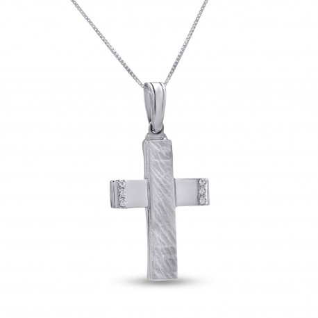 Σταυρός Διπλής όψεως Με Αλυσίδα Λευκόχρυσος, 14 Καράτια, Λευκά Ζιργκόν oro2804 