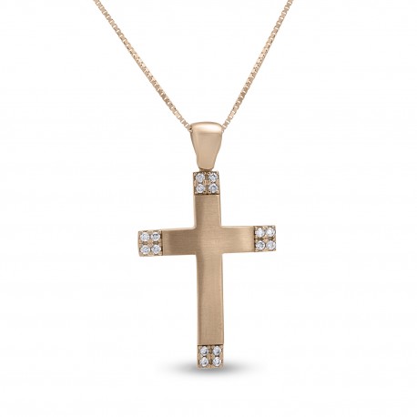 Σταυρός Με Αλυσίδα Ροζ Χρυσό, 14 Καράτια, Λευκά Ζιργκόν oro2834 