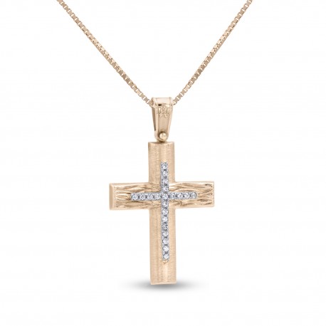 Σταυρός Με Αλυσίδα Ροζ Χρυσό, 14 Καράτια, Λευκά Ζιργκόν oro2827 