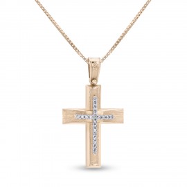 Σταυρός Με Αλυσίδα Ροζ Χρυσό, 14 Καράτια, Λευκά Ζιργκόν oro2832