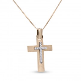 Σταυρός Με Αλυσίδα Ροζ Χρυσό, 14 Καράτια, Λευκά Ζιργκόν oro2833