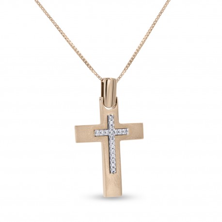 Σταυρός Με Αλυσίδα Ροζ Χρυσό, 14 Καράτια, Λευκά Ζιργκόν oro2833 