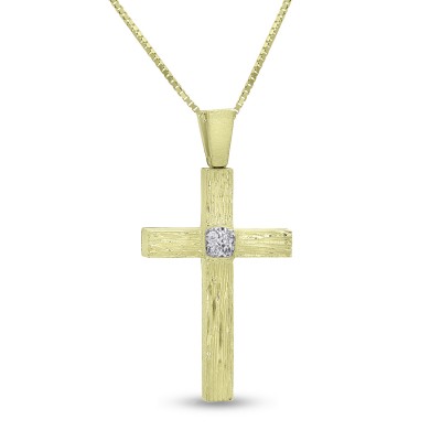Σταυρός Με Αλυσίδα,Χρυσός,14 Καράτια Με Λευκό Ζιργκόν oro2840