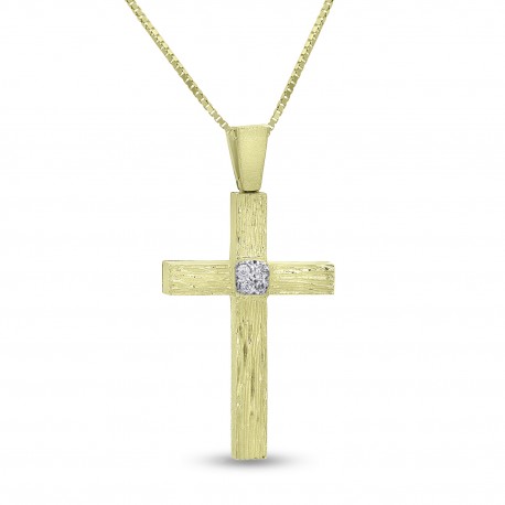 Σταυρός Με Αλυσίδα,Χρυσός,14 Καράτια Με Λευκό Ζιργκόν oro2840 
