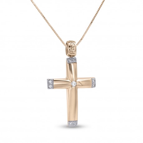 Σταυρός Με Αλυσίδα Ροζ Χρυσό, 14 Καράτια, Λευκά Ζιργκόν oro2835 