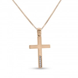 Σταυρός Με Αλυσίδα Ροζ Χρυσό, 14 Καράτια, Λευκά Ζιργκόν oro2836