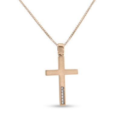 Σταυρός Με Αλυσίδα Ροζ Χρυσό, 14 Καράτια, Λευκά Ζιργκόν oro2836