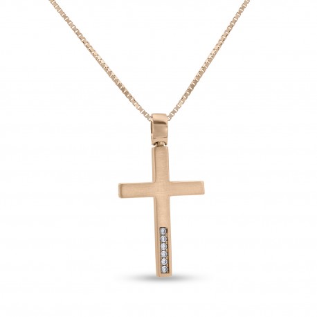 Σταυρός Με Αλυσίδα Ροζ Χρυσό, 14 Καράτια, Λευκά Ζιργκόν oro2836 