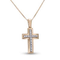 Σταυρός Με Αλυσίδα Ροζ Χρυσό, 14 Καράτια, Λευκά Ζιργκόν oro2837
